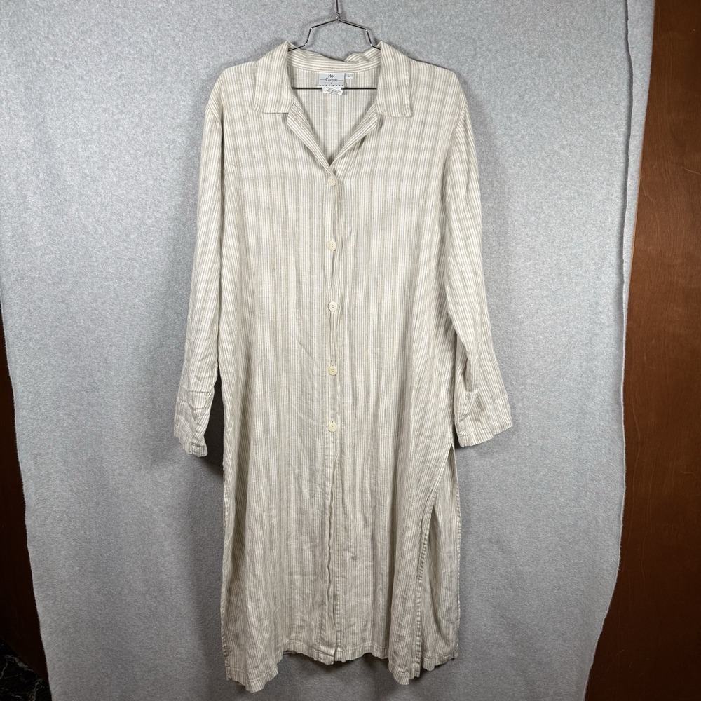 Hot Cotton Linen Dress Womens Large Button Up Beige Long